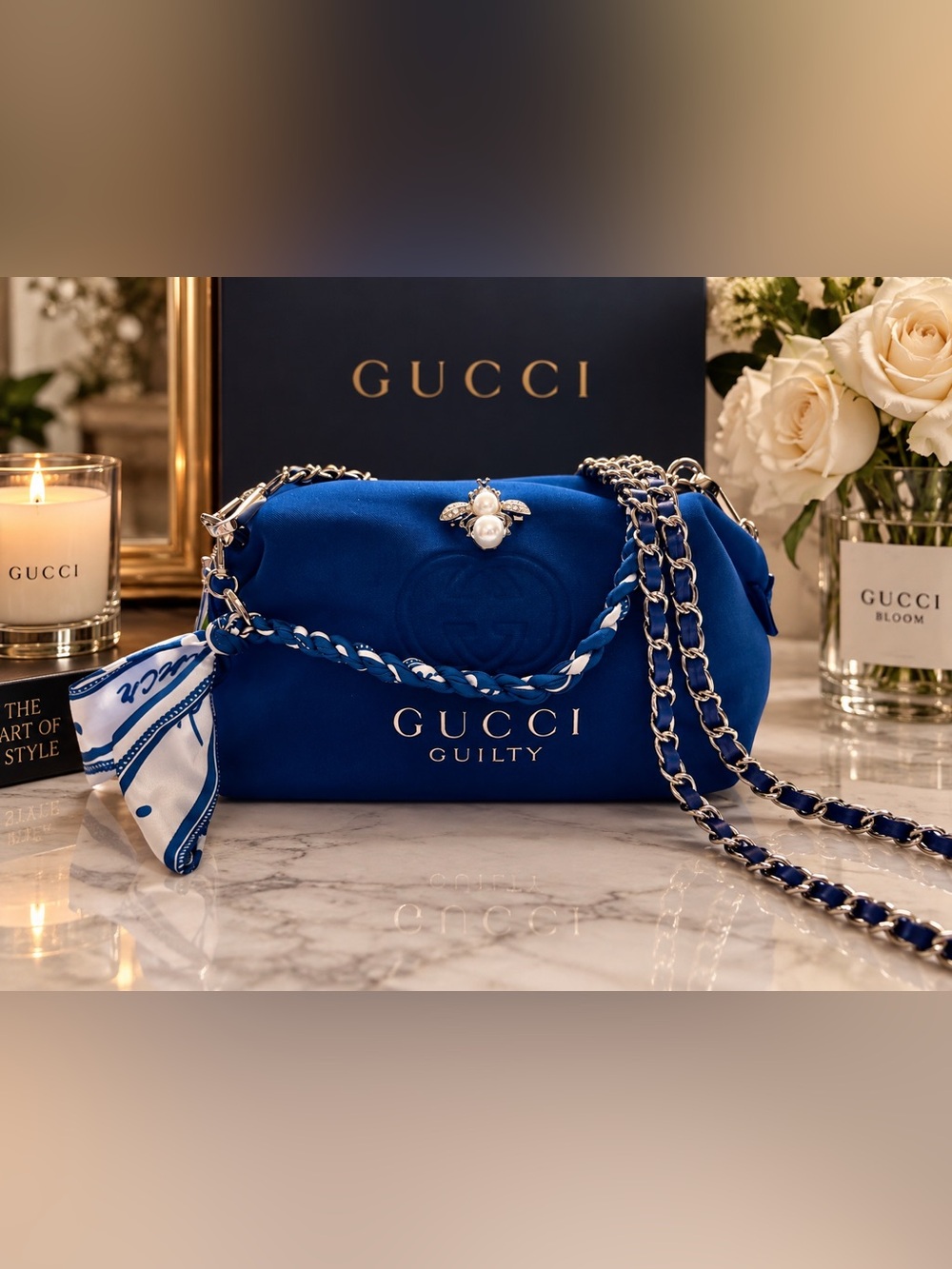 Gucci blue guilty pouch with Pearl Bee Accent and silver hardware